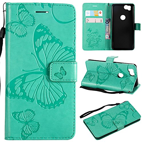 ARSUE Google Pixel 2 Case Google Pixel 2 Wallet Case Leather Folio Flip PU Credit Card Holder with Kickstand Phone Protective Case Cover for Google Pixel 2 (Not For Pixel 2 XL) Butterfly Mint Green - B07FJNR474